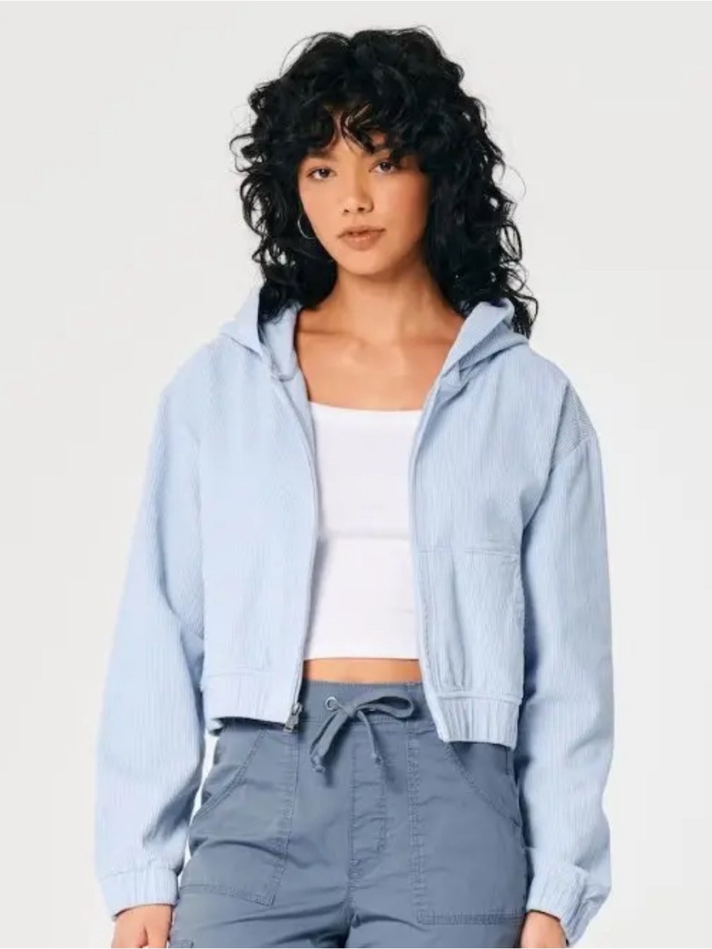 Hollister Light Blue Cropped Hooded Bomber Jacket